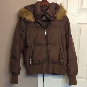 Brown Down Puffer Jacket with Faux Fur Trim